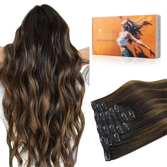 Clip In Hair Extensions Human Hair 16 Inch 120g Balayage Dark Brown to Chestnut